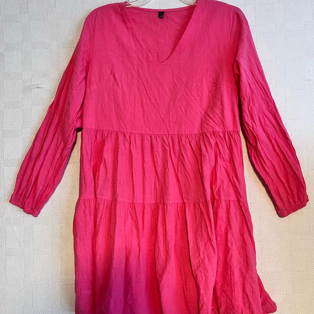 Fancyinn Women's Hot Pink V-Neck Tiered Long Sleeve Dress - Picture 2 of 7